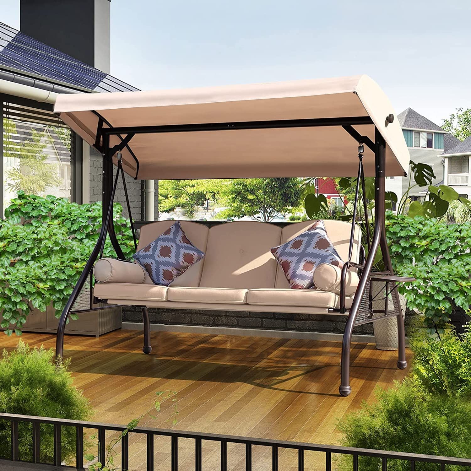 SANSTAR Patio Porch Swing 3 -person Beige Steel Outdoor Swing