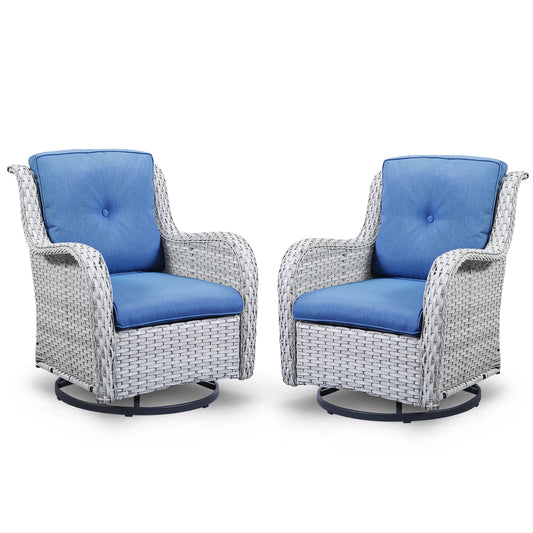 Rilyson Curved handrail Set of 2 Wicker Gray Wicker Frame Swivel rocker Rocking Chair with Navy Navy blue Cushioned Seat