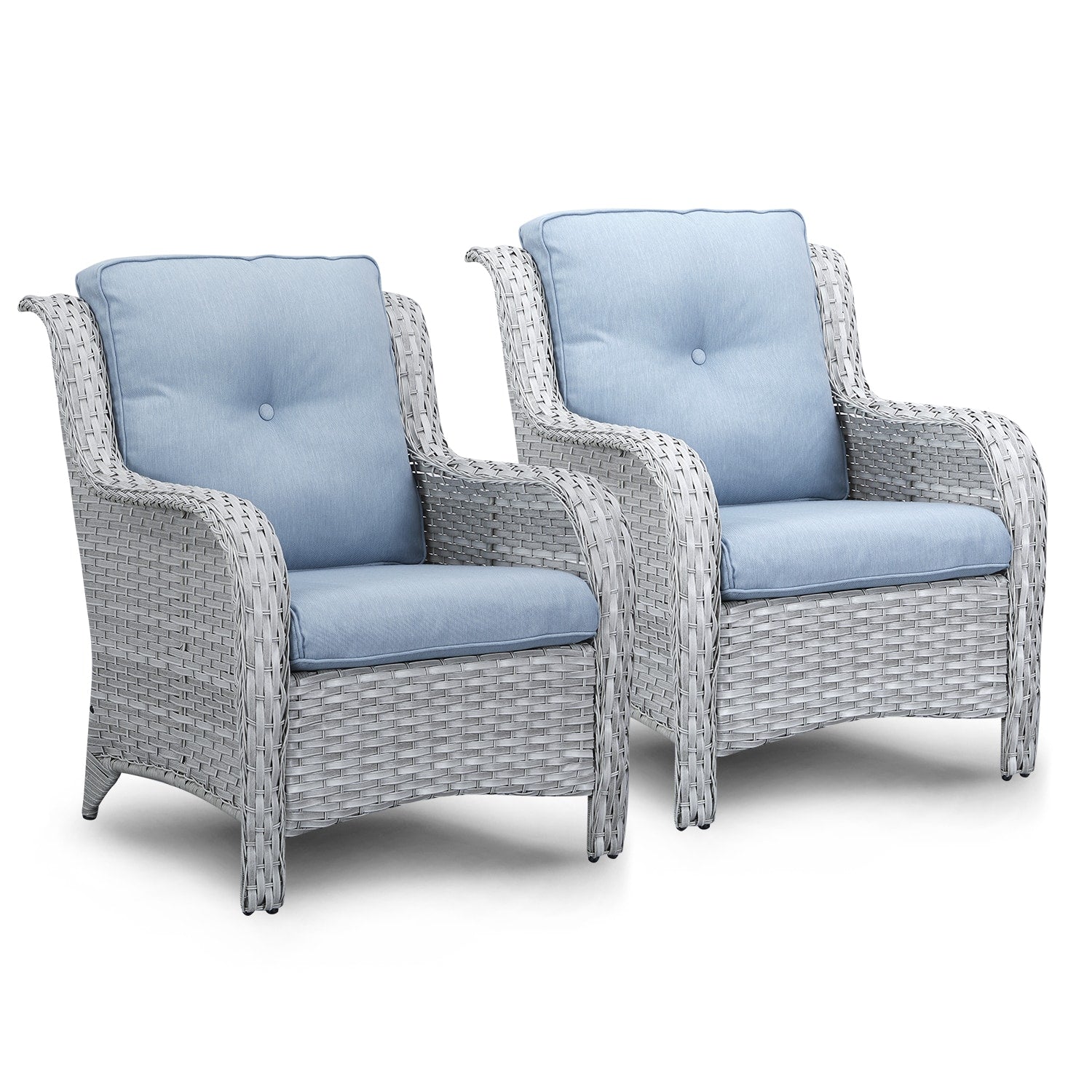 Rilyson Curved handrail Set of 2 Wicker Grey Wicker Frame Stationary Conversation Chair with Light blue Light blue Cushioned Seat