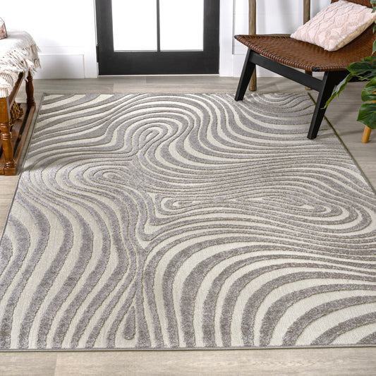 JONATHAN  Y SCANDINAVIAN Maribo High-Low Abstract Groovy Striped 10 x 14 (ft) Loomed Gray/Ivory Rectangular Indoor/Outdoor Stripe Mid-Century Modern Pet Friendly Area rug