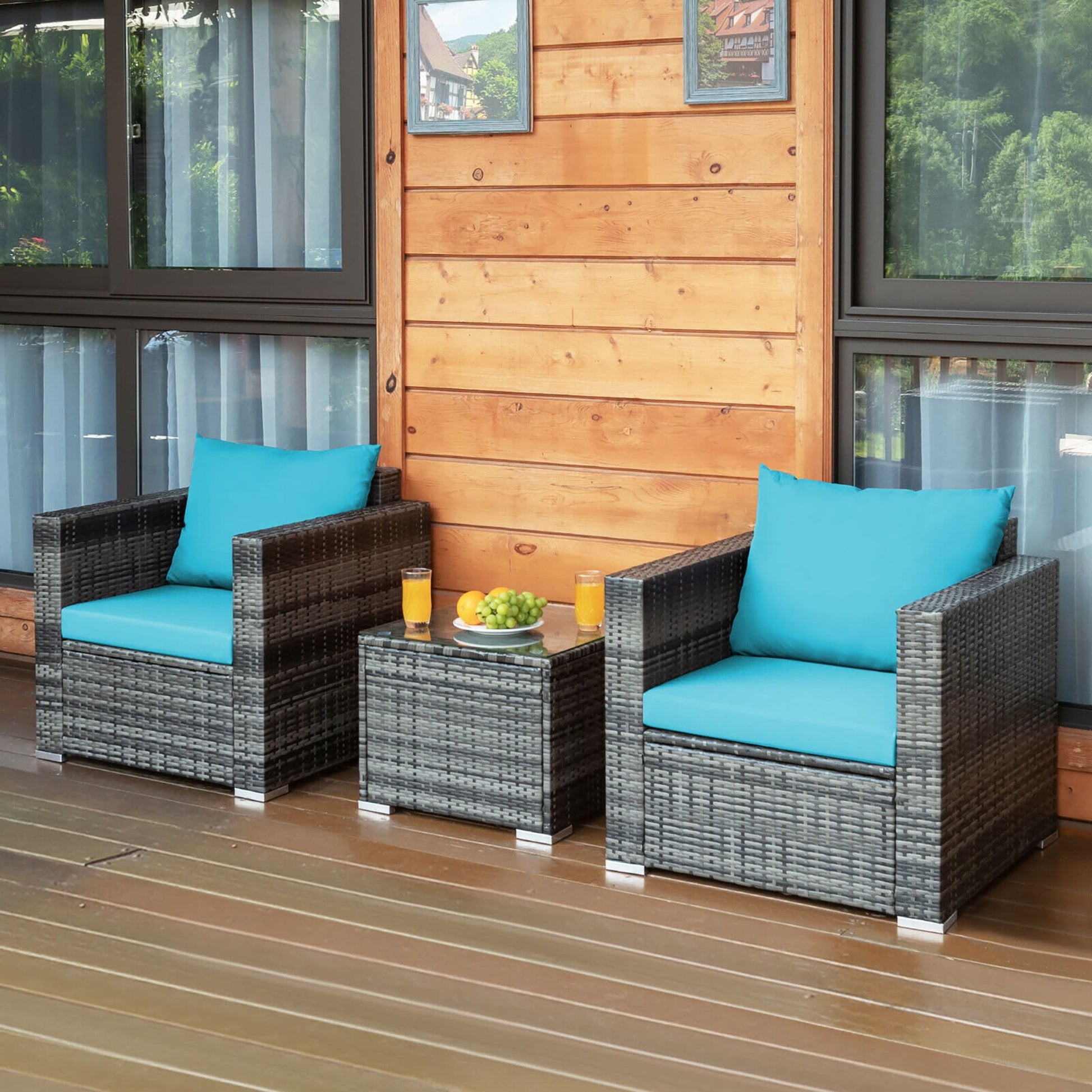BABOOM Outdoor Furniture Set 3 -Piece Rattan Patio Conversation Set with Blue Cushions