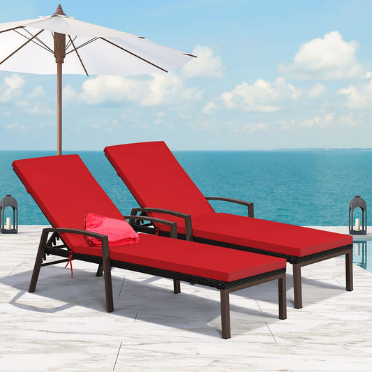 BABOOM Patio Rattan Reclining Chairs Set of 2 Rattan Black and Brown Steel Frame Stationary Chaise Lounge Chair with Red Polyester Cushioned Seat