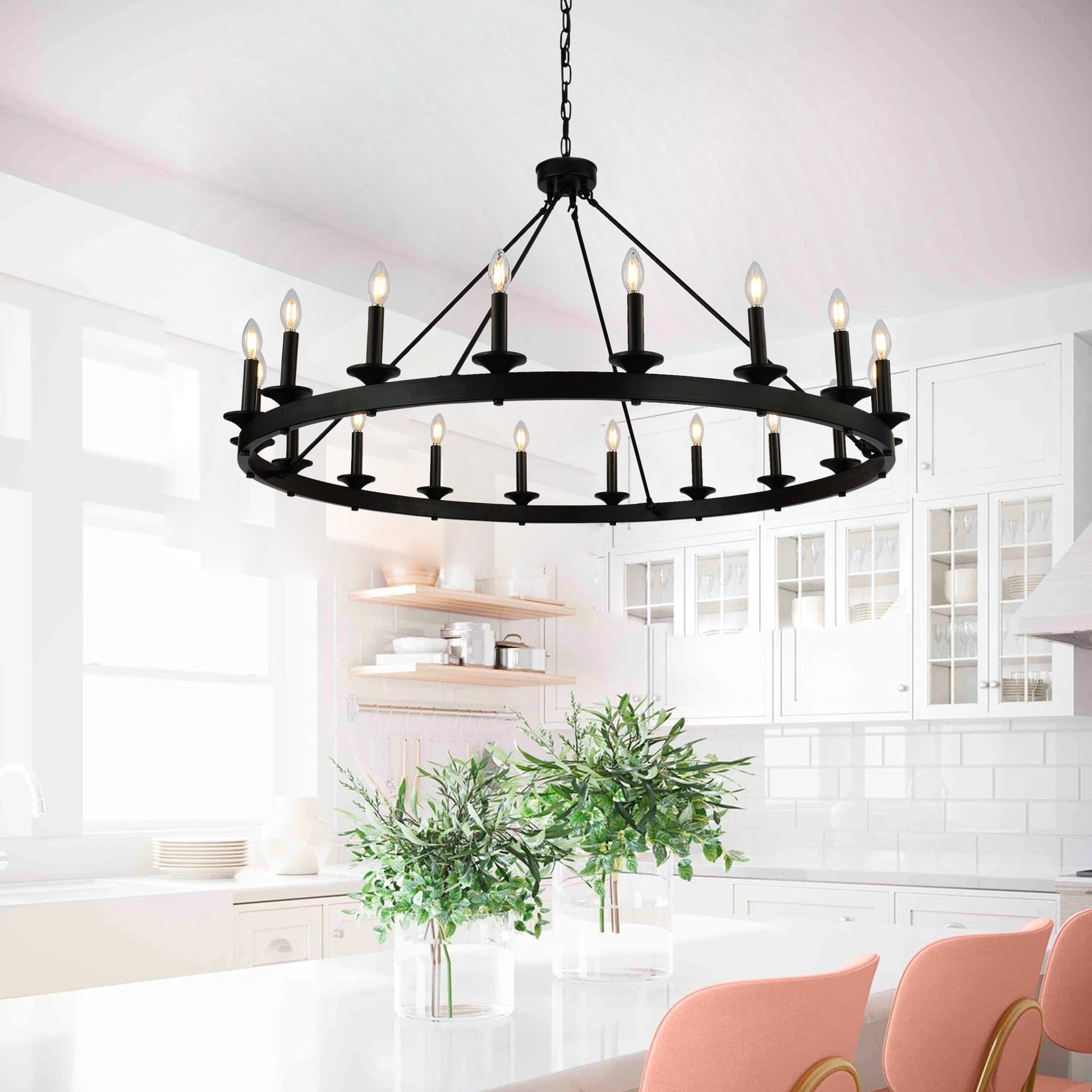 Aiwen Wagon wheel 18 -Light Matte Black Industrial For Use in Bedrooms, Dining Rooms, Foyers, Living Rooms Chandelier