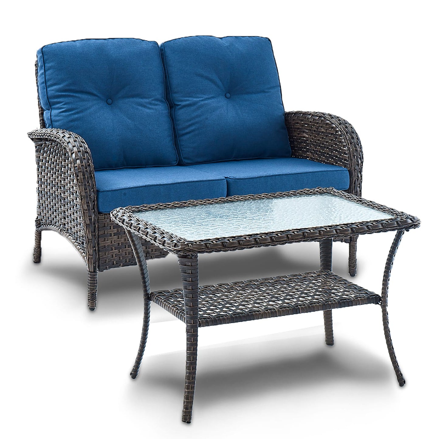Rilyson New Juntendo Wicker Outdoor Sofa with Blue Cushions and Wicker Frame