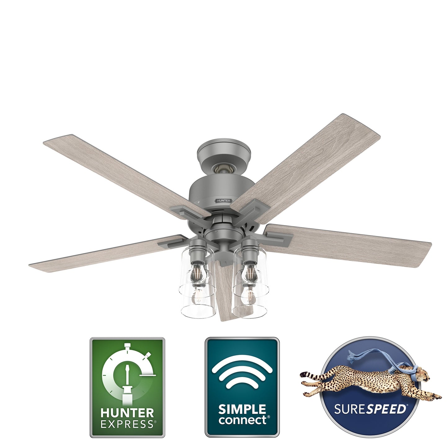 Hunter Techne HunterExpress Easy Install 52-in Smart Matte Silver with Wood Look Blades Ceiling Fan With Light - Remote Included ( 5 -Blade ) 5456576