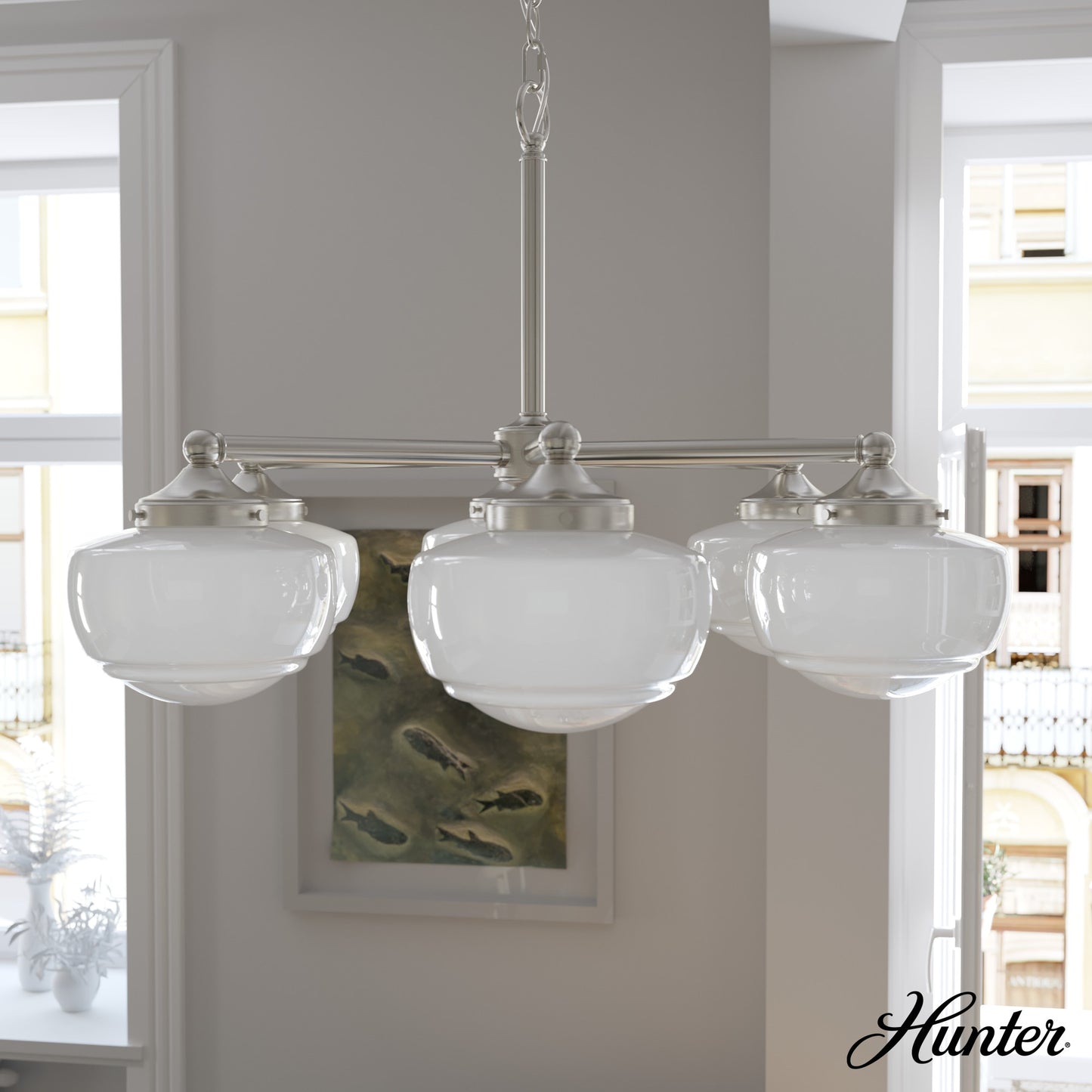 Hunter Saddle Creek 6 -Light Brushed Nickel Transitional For Use in Bedrooms, Dining Rooms, Foyers, Kitchens, Living Rooms Chandelier 5228391