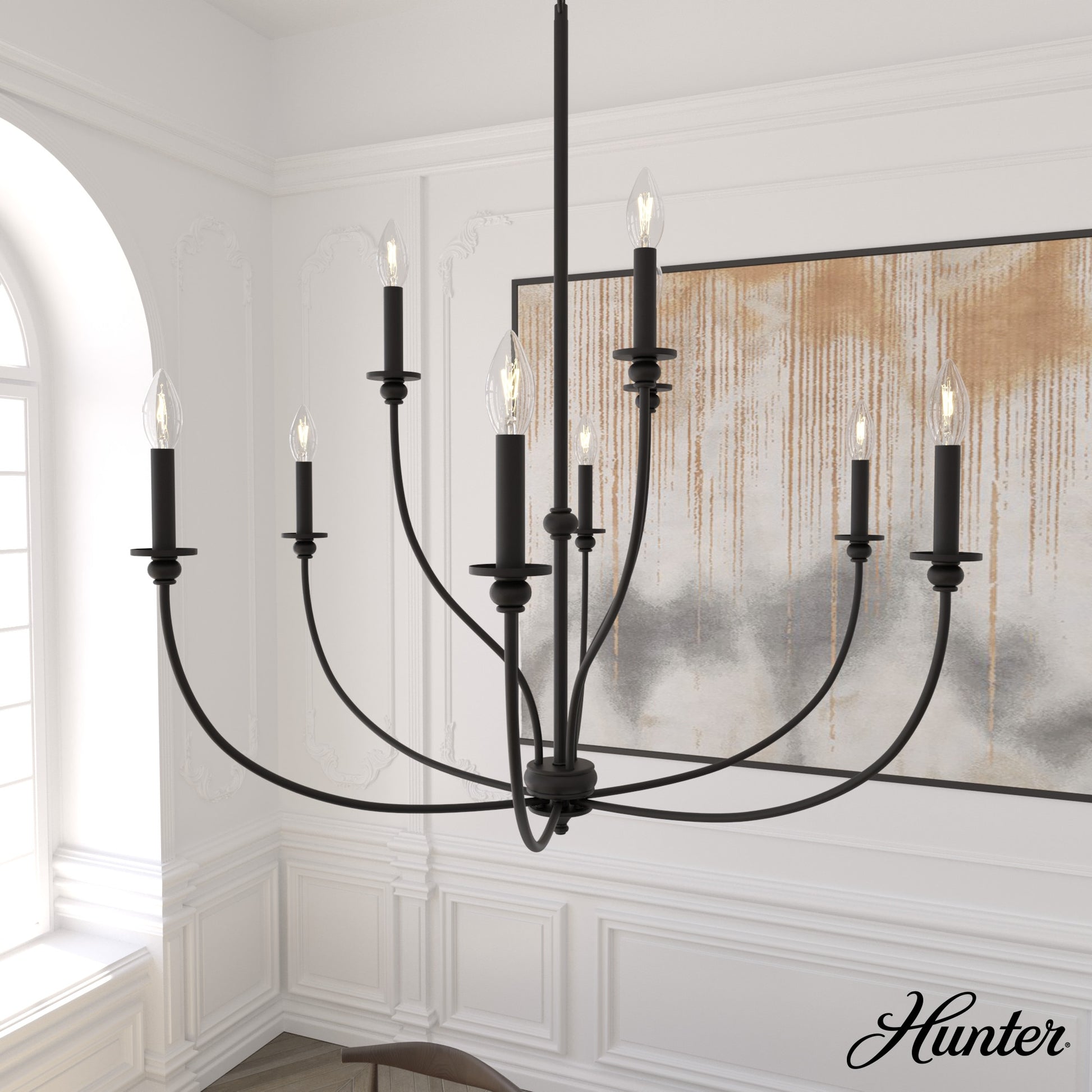 Hunter Southcrest 9 -Light Matte Black Transitional For Use in Bedrooms, Dining Rooms, Foyers, Kitchens, Living Rooms Chandelier 5281576