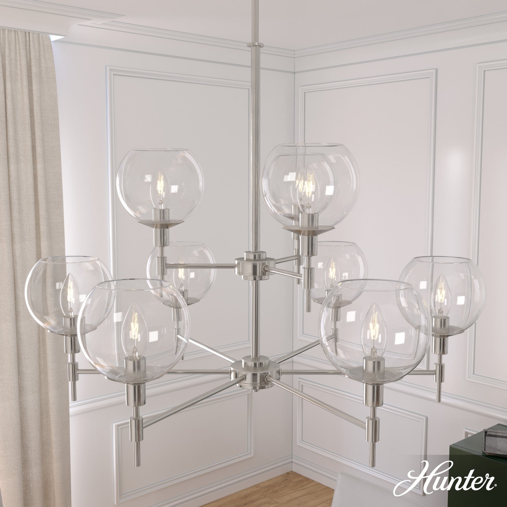 Hunter Xidane 9 -Light Brushed Nickel Mid-century Crystal For Use in Bedrooms, Dining Rooms, Foyers, Kitchens, Living Rooms Chandelier 5228386