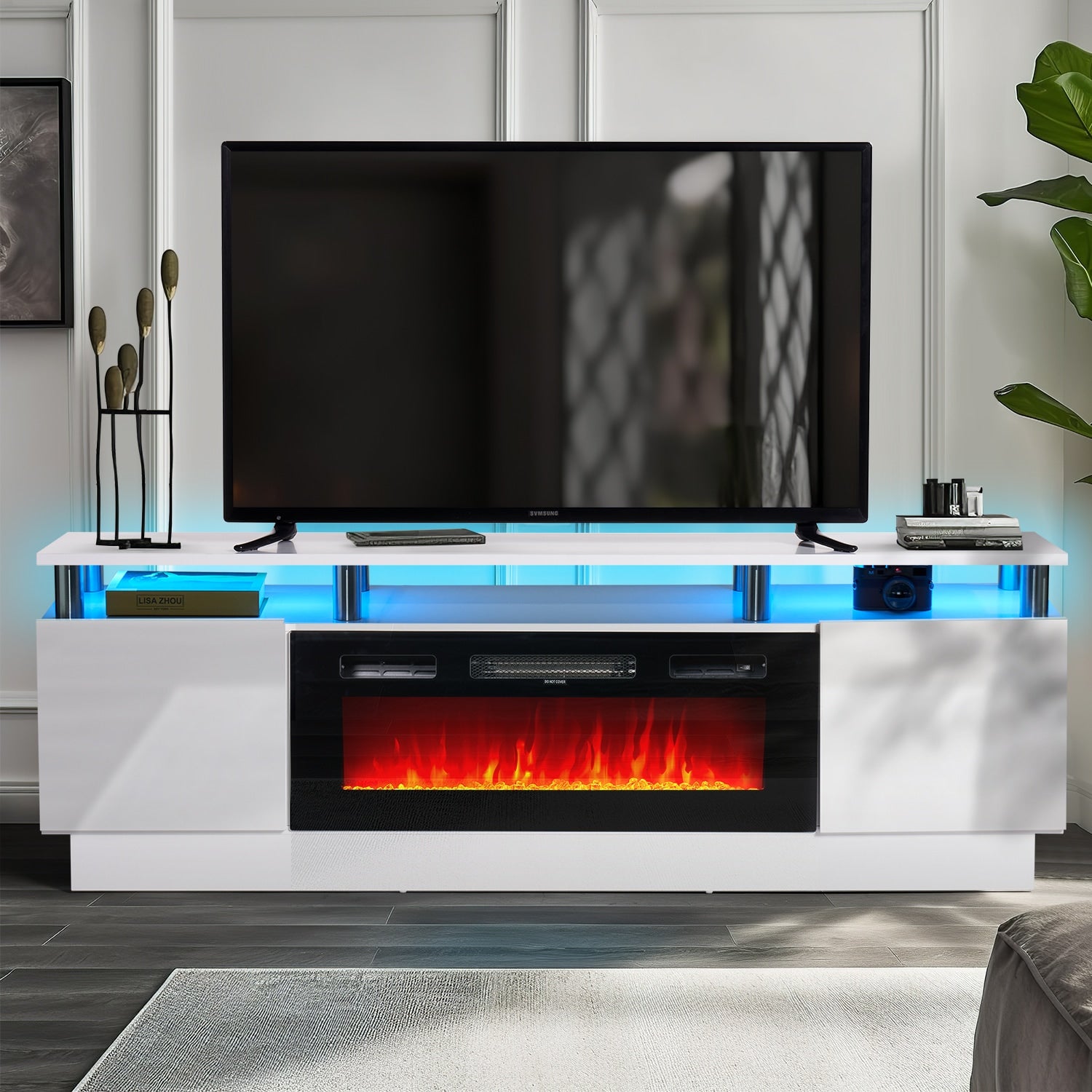 AOXUN 70-in W White TV Stand with LED Electric Fireplace H21011WH+H20017