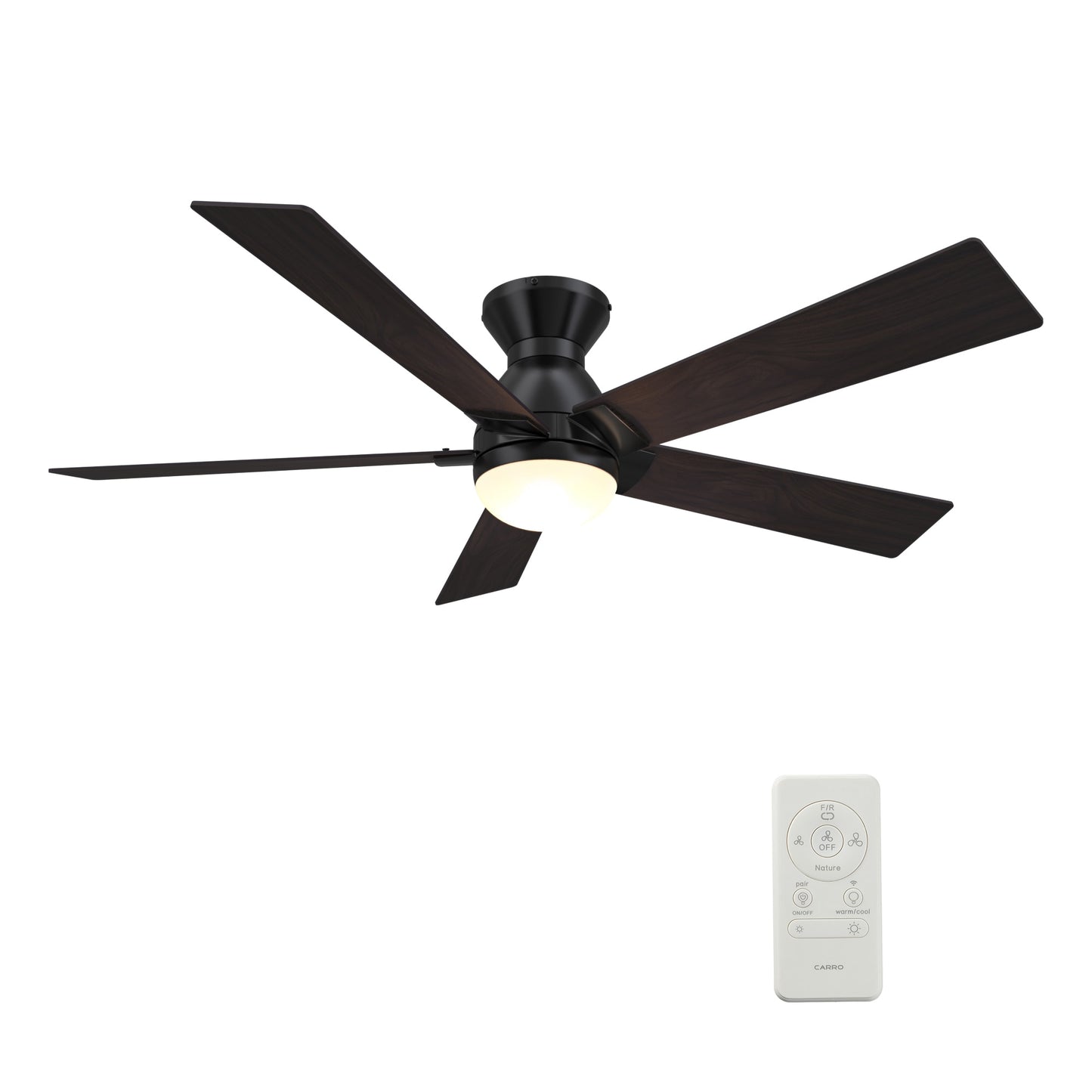 CARRO USA Aspen 52-in Black with Dark Walnut Blades Indoor/Outdoor Flush Mount Smart Ceiling Fan with Light and Remote (5-Blade) LS525J1-L21-B5-1-FM