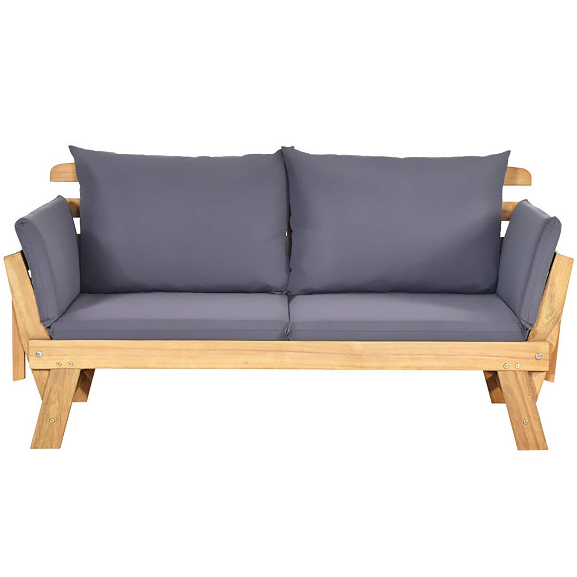 Forclover Adjustable Patio Convertible Sofa with Thick Cushion Outdoor Loveseat with Gray Cushions and Wood Frame