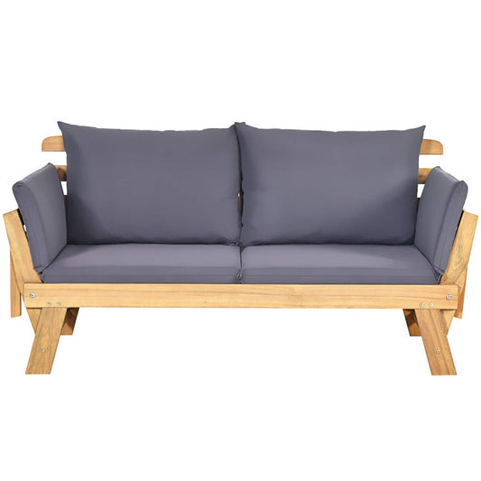 Forclover Adjustable Patio Convertible Sofa with Thick Cushion Outdoor Loveseat with Gray Cushions and Wood Frame