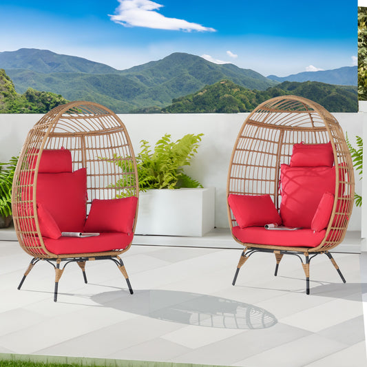 SANSTAR Patio Chairs Set of 2 Wicker Brown Metal Frame Stationary Egg Chair with Red 220gsm Polyester Cushioned Seat