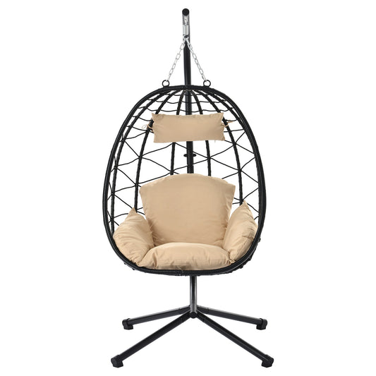 CESICIA PatioÂ Chairs Rattan Beige Rattan Frame Hanging Egg Chair with Off-white Cushioned Seat