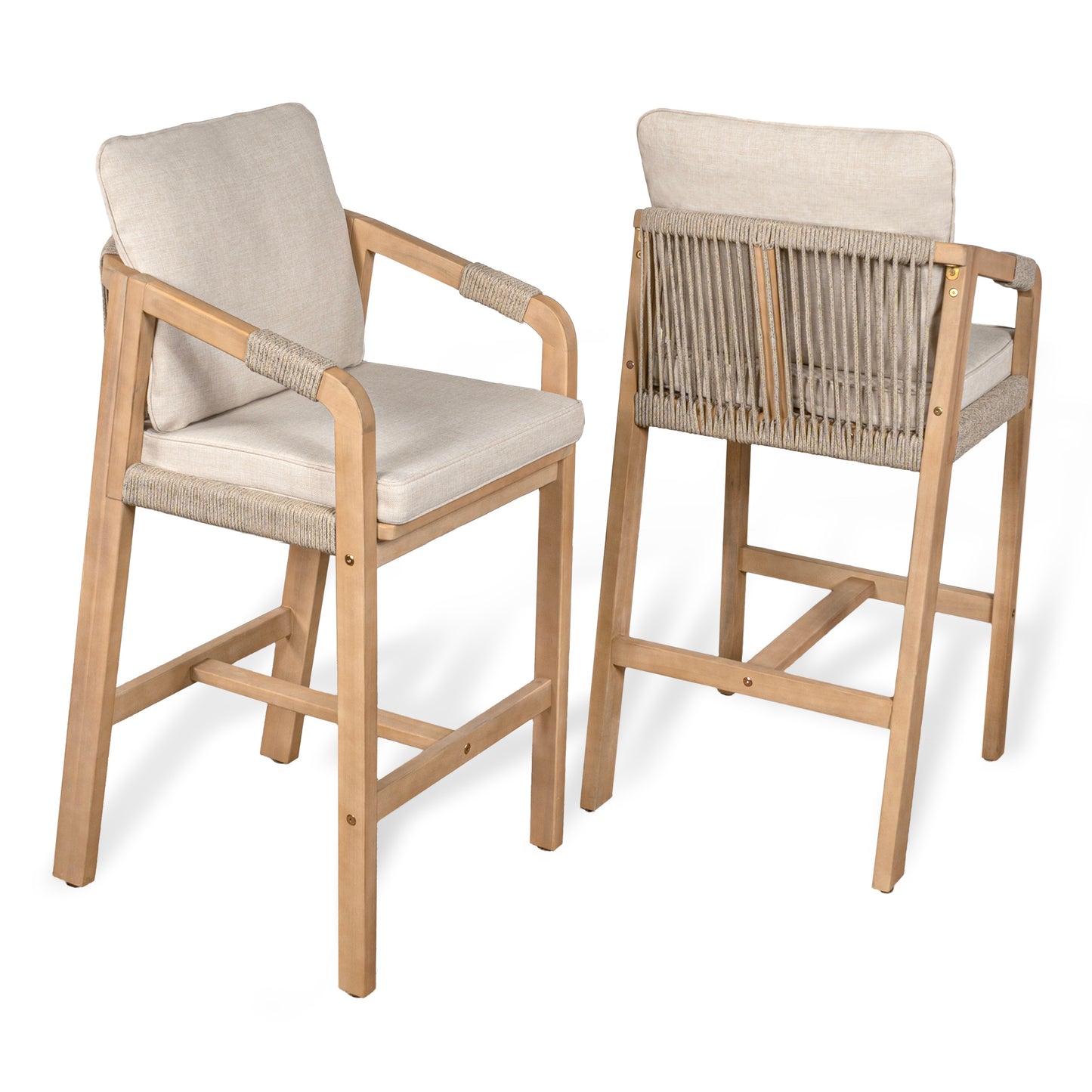 JONATHAN  Y Porto Modern Coastal Set of 2 Beige/Light Teak Wood Frame Stationary Bar Stool Chair with Tan Cushioned Seat