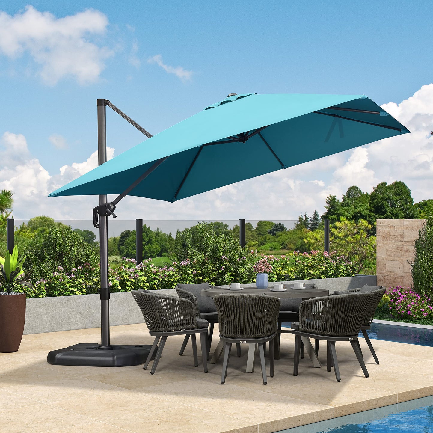 PURPLE LEAF 10-ft Aluminum Blue Crank Cantilever Patio Umbrella with Base