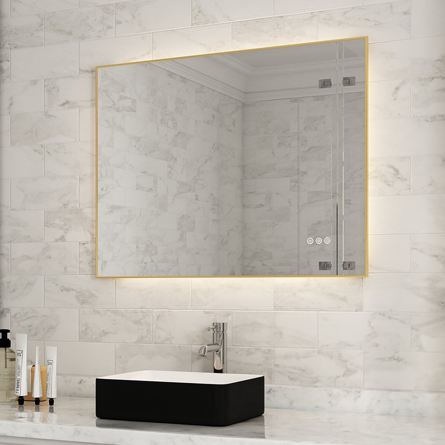 waterpar 32-Inches x 24-Inches Polished Rectangle Dimmable Lighted Fog Free Bathroom Vanity Mirror ( Gold )
