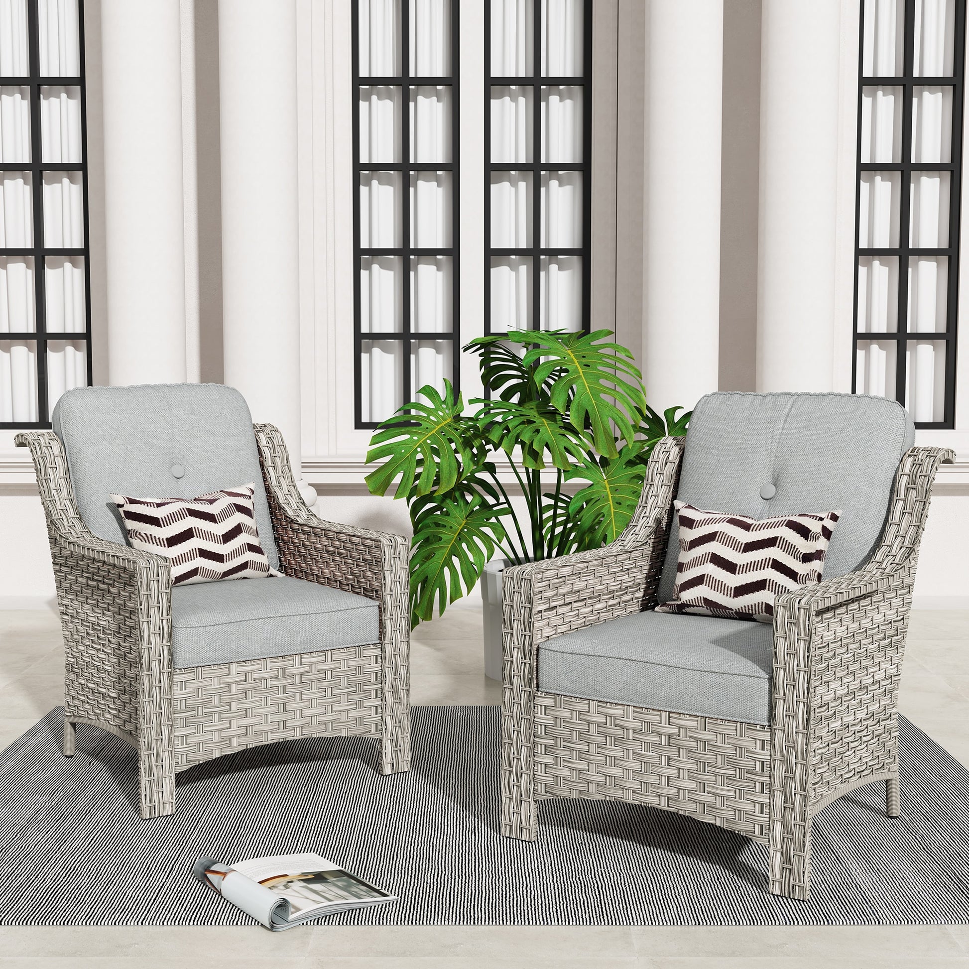 XIZZI Pyrophyllite Set of 2 Wicker Beige Frame With Dark Gray Cushions Metal Frame Stationary Conversation Chair with Gray Cushioned Seat