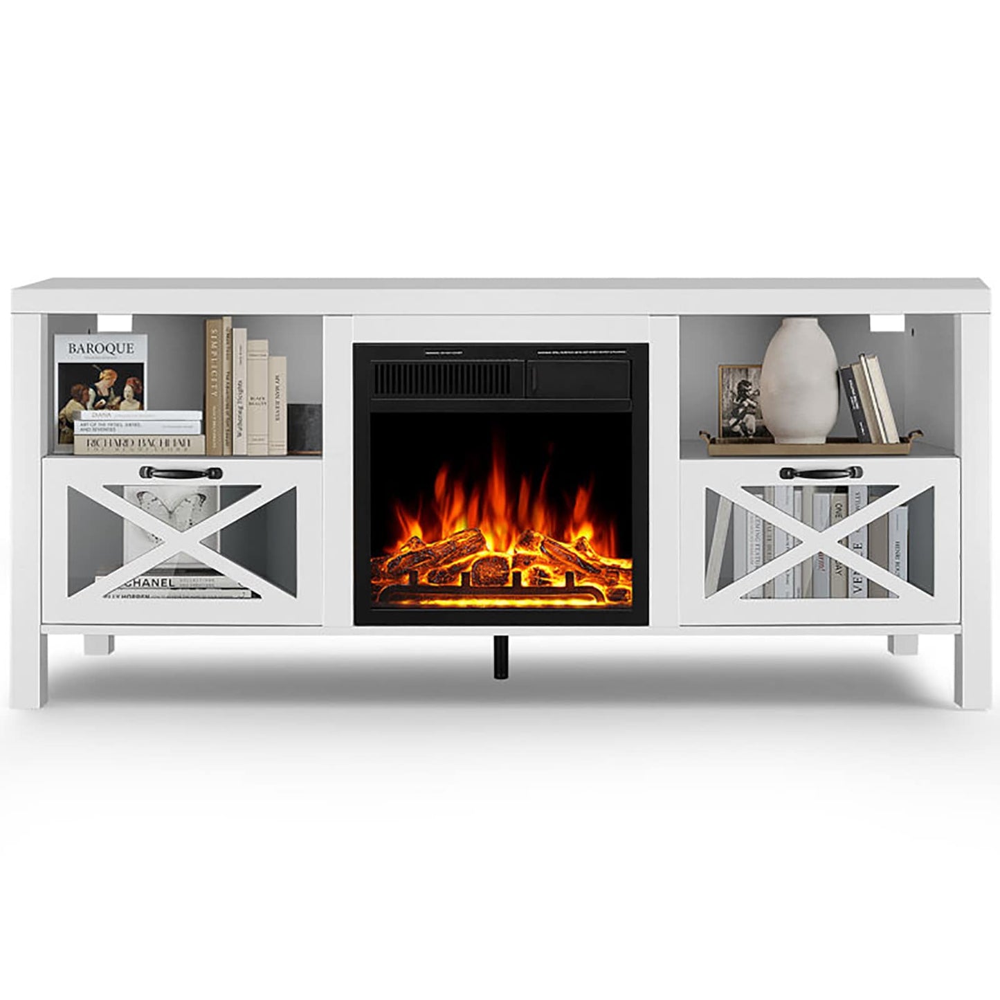 COWSAR 60.31-in W White TV Stand with Infrared Quartz Electric Fireplace M2305-WHITE