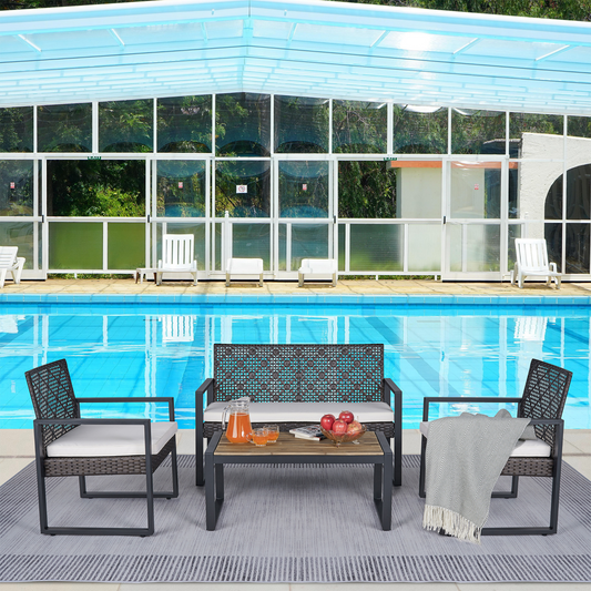 Mondawe 4 -Piece Wicker Patio Conversation Set with Gray Cushions