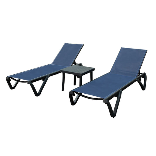 GZMR Aluminum Plastic Patio Chaise Lounge with Side Table Set of 2 Stackable Navy Blue Aluminum Frame Stationary Chaise Lounge Chair with Blue Mesh Seat