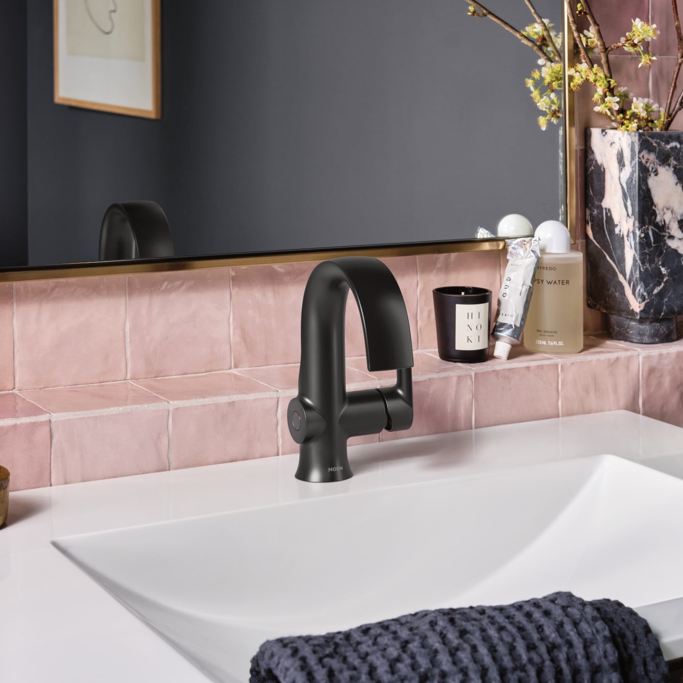 Moen Doux Matte Black Single hole 1-handle WaterSense High-arc Residential Handle Bathroom Sink Faucet with Drain with Deck Plate