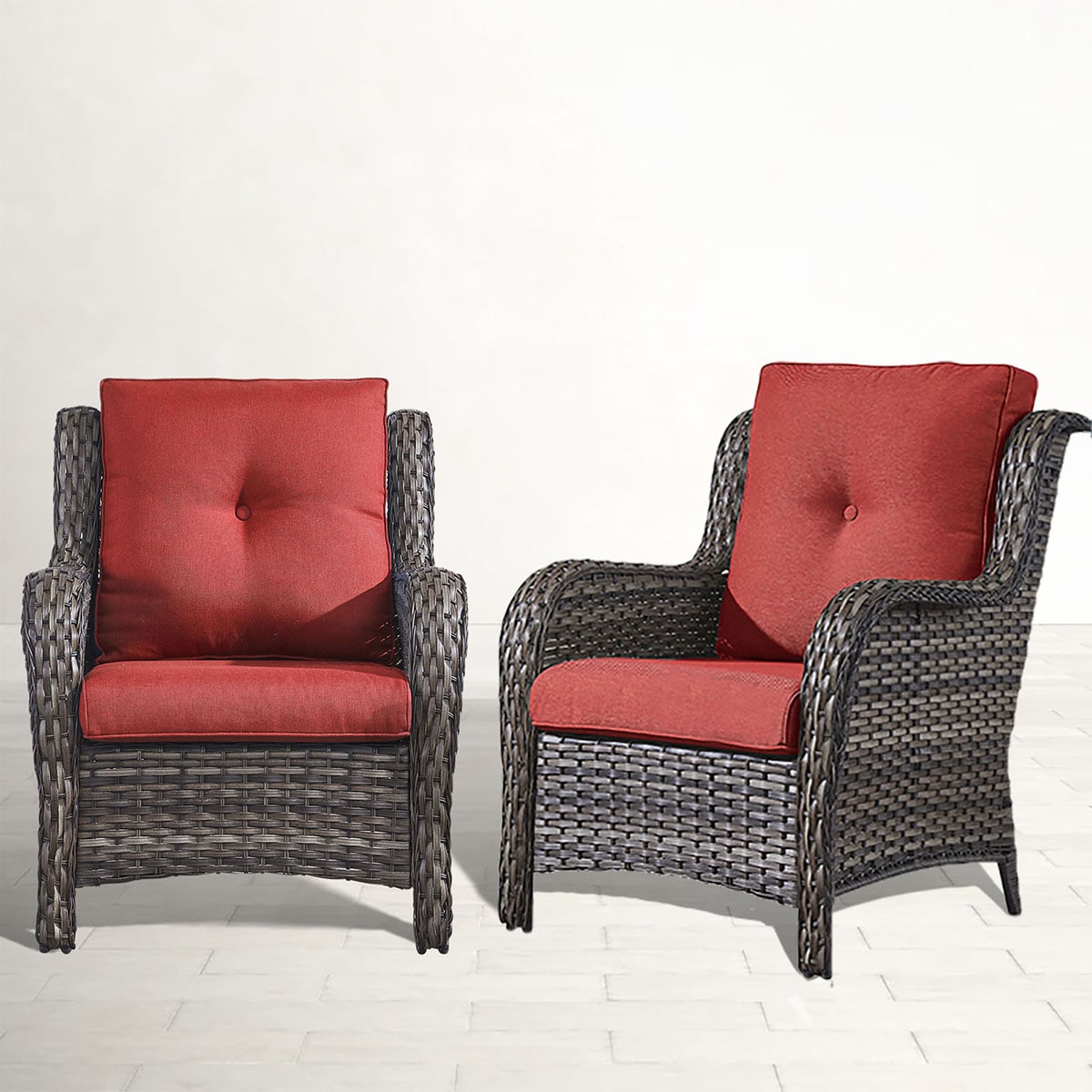 Rilyson Curved handrail Set of 2 Wicker Gray Wicker Frame Stationary Conversation Chair with Red Red Cushioned Seat