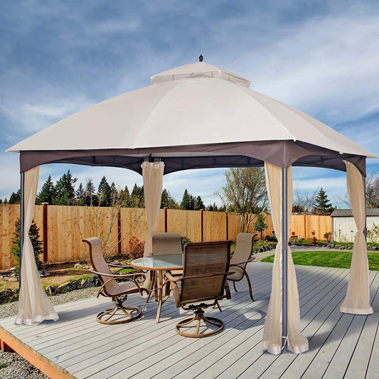 Bybafun 12-Feet x 10-Feet Rectangle Beige Fabric Polyester Roof Semi-permanent Gazebo with Screen Included