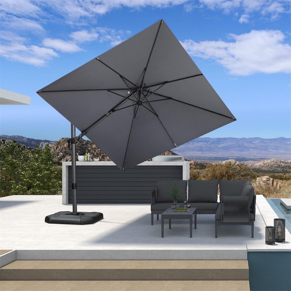 PURPLE LEAF 9-ft Aluminum Light gray Crank Cantilever Patio Umbrella with Base