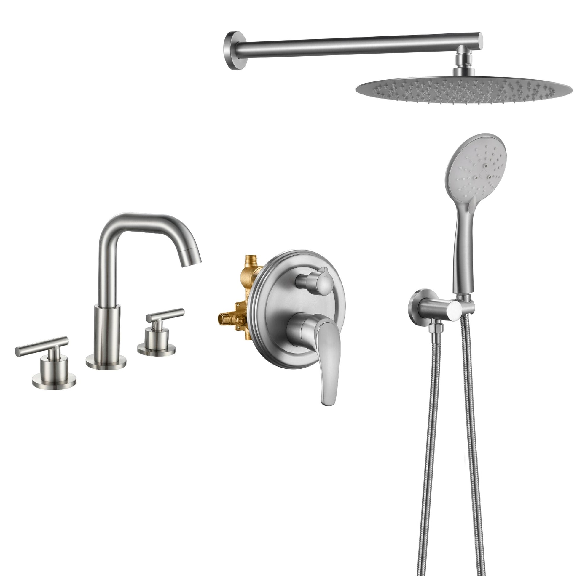 WELLFOR ZC Shower System with Bathroom Faucet kits Brushed Nickel 12-in Waterfall Dual Head Built-In ShowerÂ FaucetÂ System with 2-way Diverter ( Pressure-balanced Valve Included )
