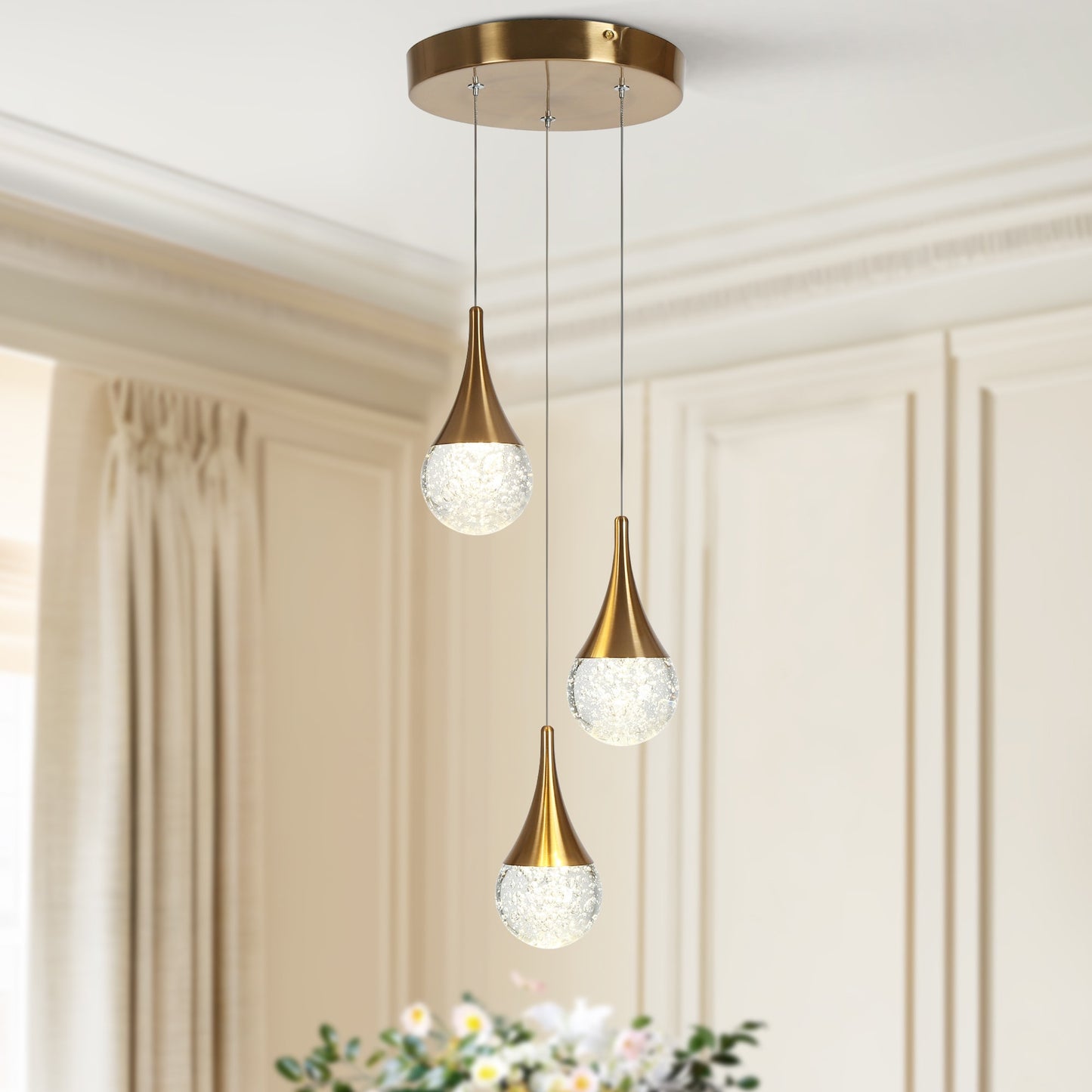 LNC Dandelion 3 -Light Polished Brass Glam Integrated LED Crystal For Use in Bedrooms, Dining Rooms, Foyers, Kitchens, Living Rooms Chandelier
