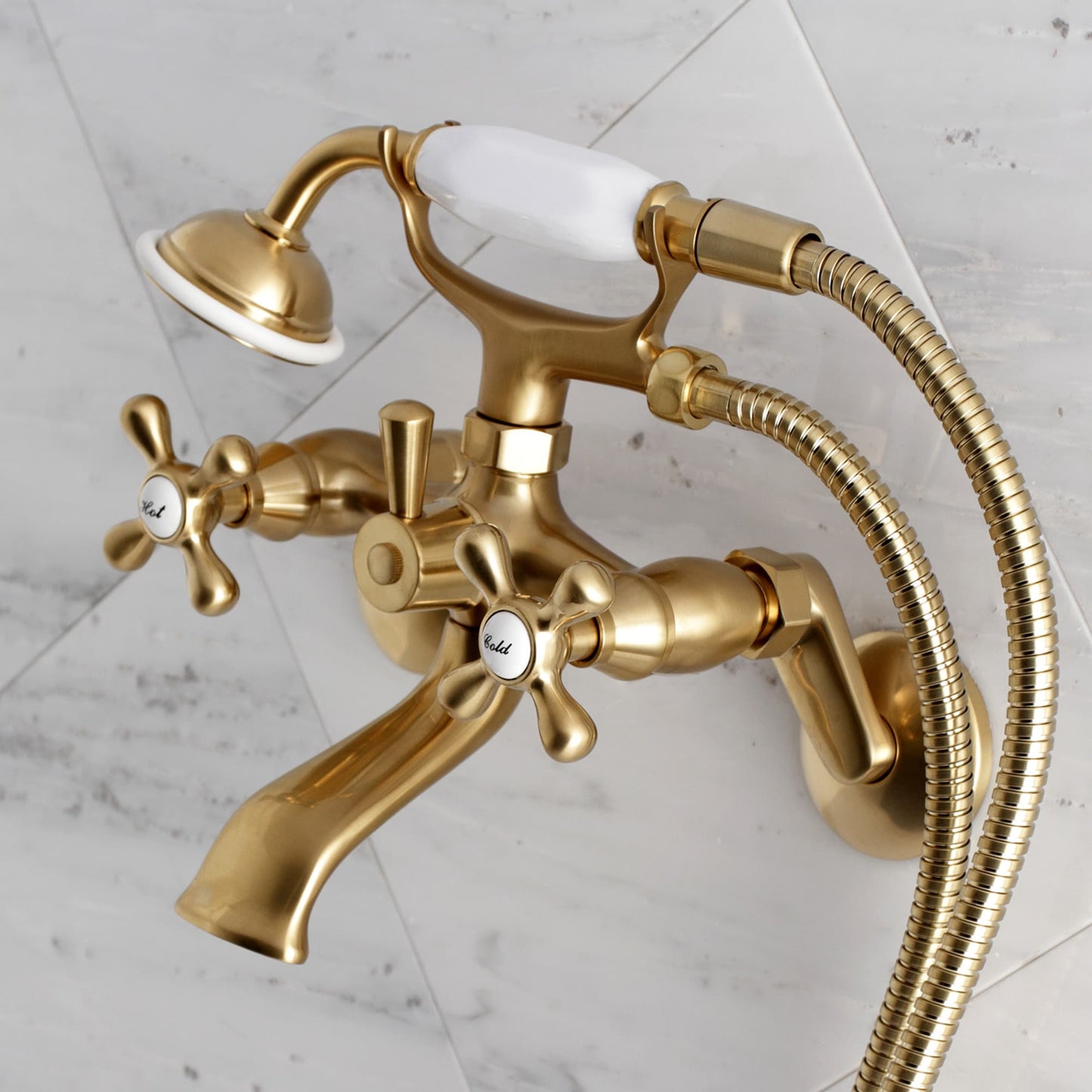 Kingston Brass Vintage Brushed brass 2-handle Wall-mount Low-arc Bathtub Faucet with Hand Shower ( Valve Included )