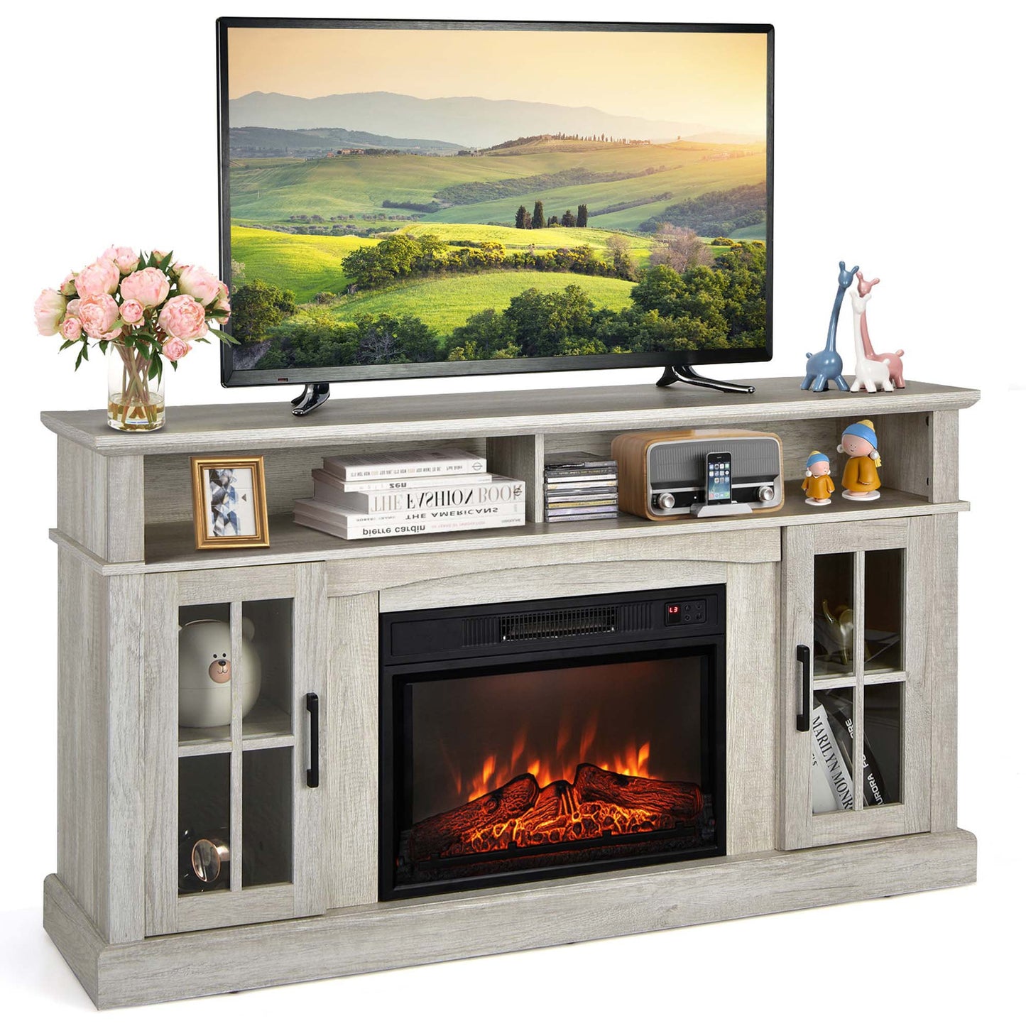 Costway 15-in W Gray TV Stand with Infrared quartz Flat wall Electric Fireplace with Remote Control Included
