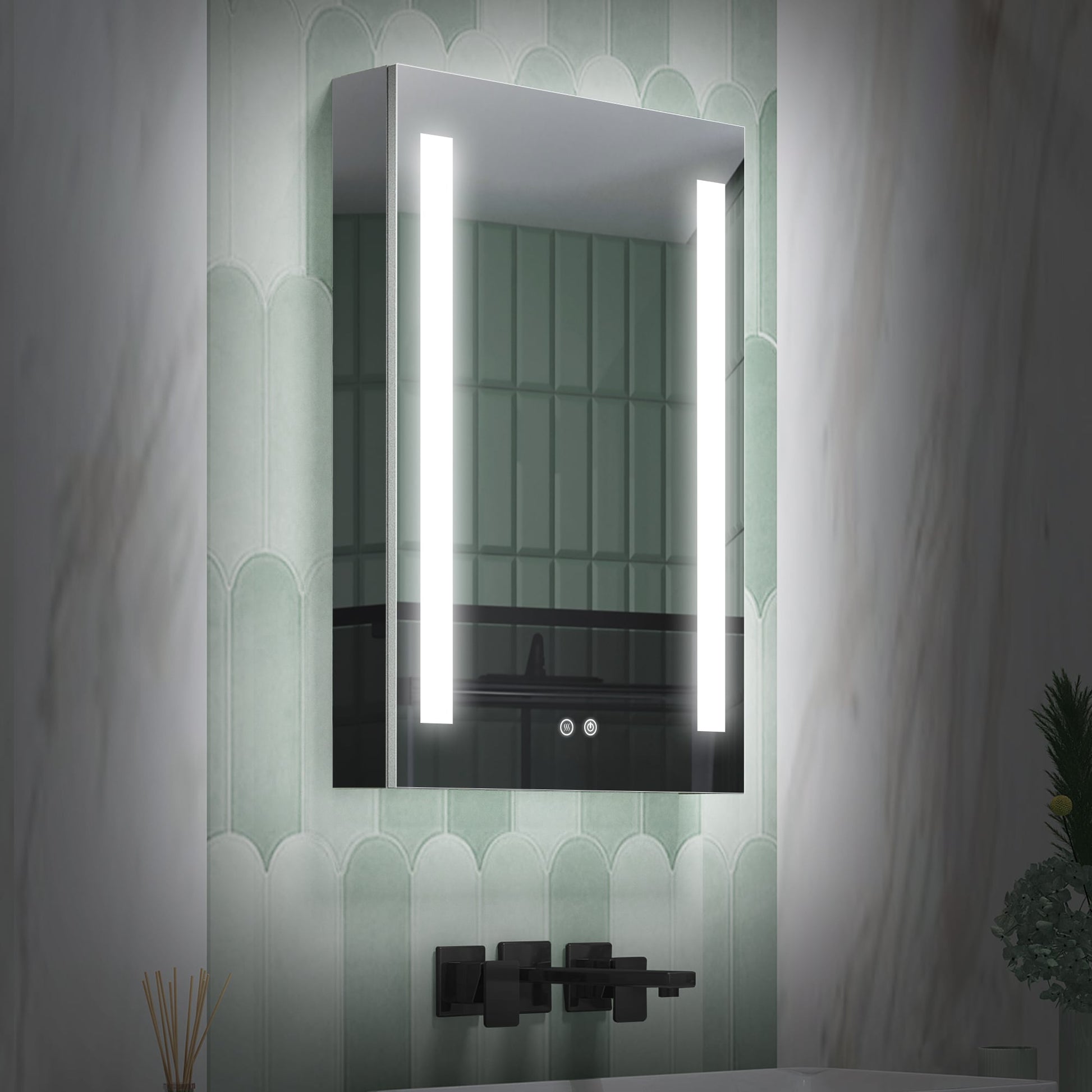 Forclover 20-in x 30-in Lighted LED Fog Free Surface/Recessed Mount Silver Mirrored Rectangle Soft Close Medicine Cabinet with Outlet