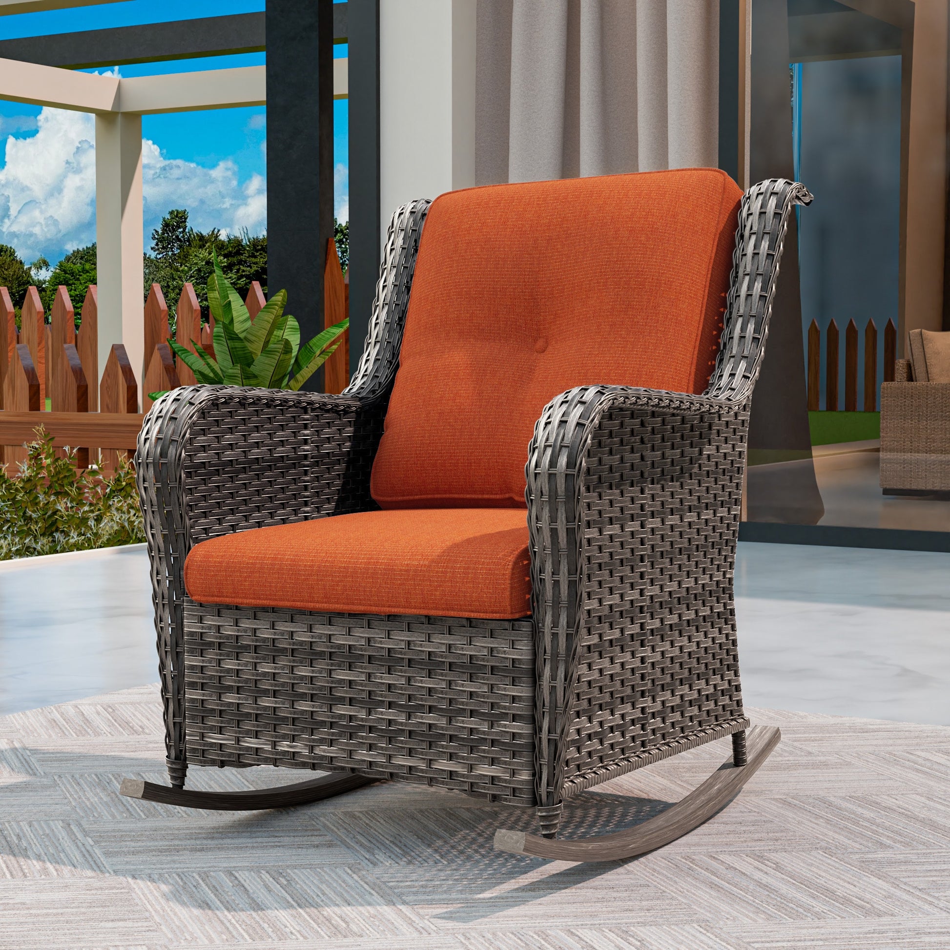 Gardenbee Wicker Brown Steel Frame Stationary Chaise Lounge Chair with Orange Cushioned Seat