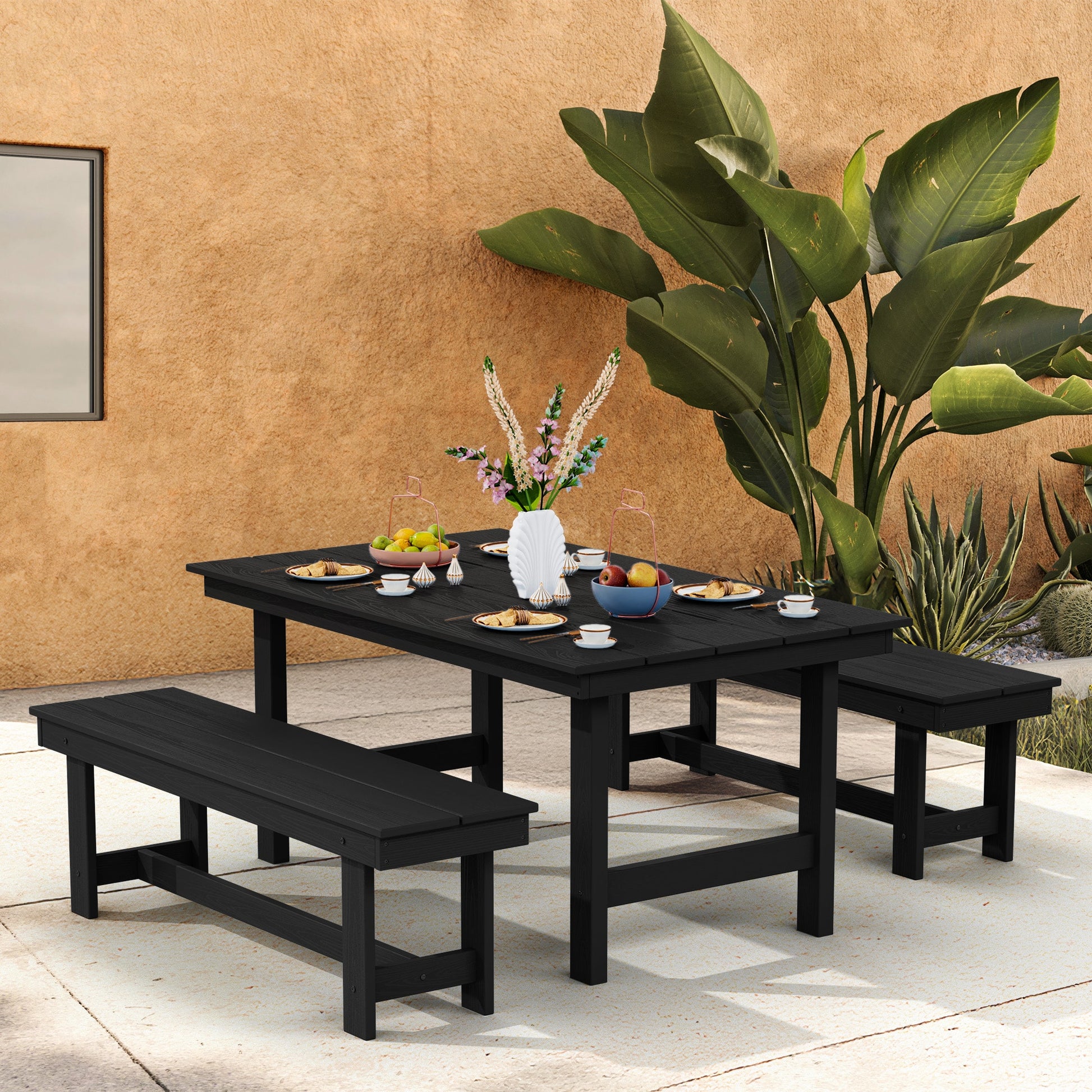 JEAREY 3-Piece HDPE Outdoor Dining Set with Umbrella Hole Table and Two 2-Person Benches 3 -Piece Black Patio Dining Set Plastic Rectangle Table with 2 Stationary Chairs