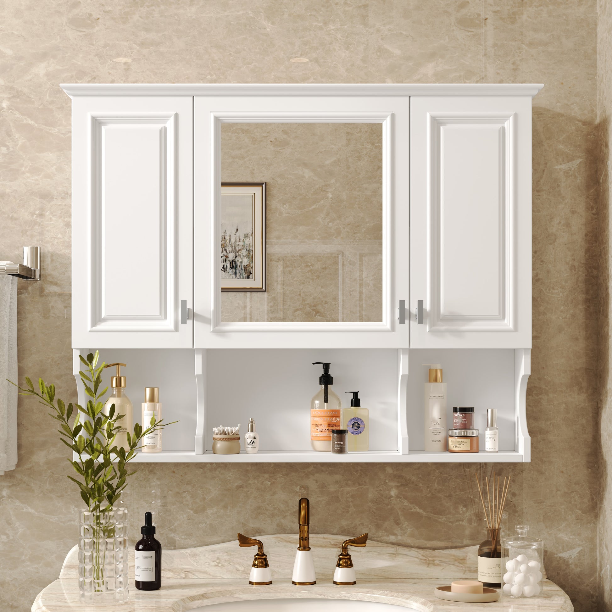 WELLFOR 35-in x 28.7-in Surface Mount White Mirrored Rectangle Soft Close Medicine Cabinet