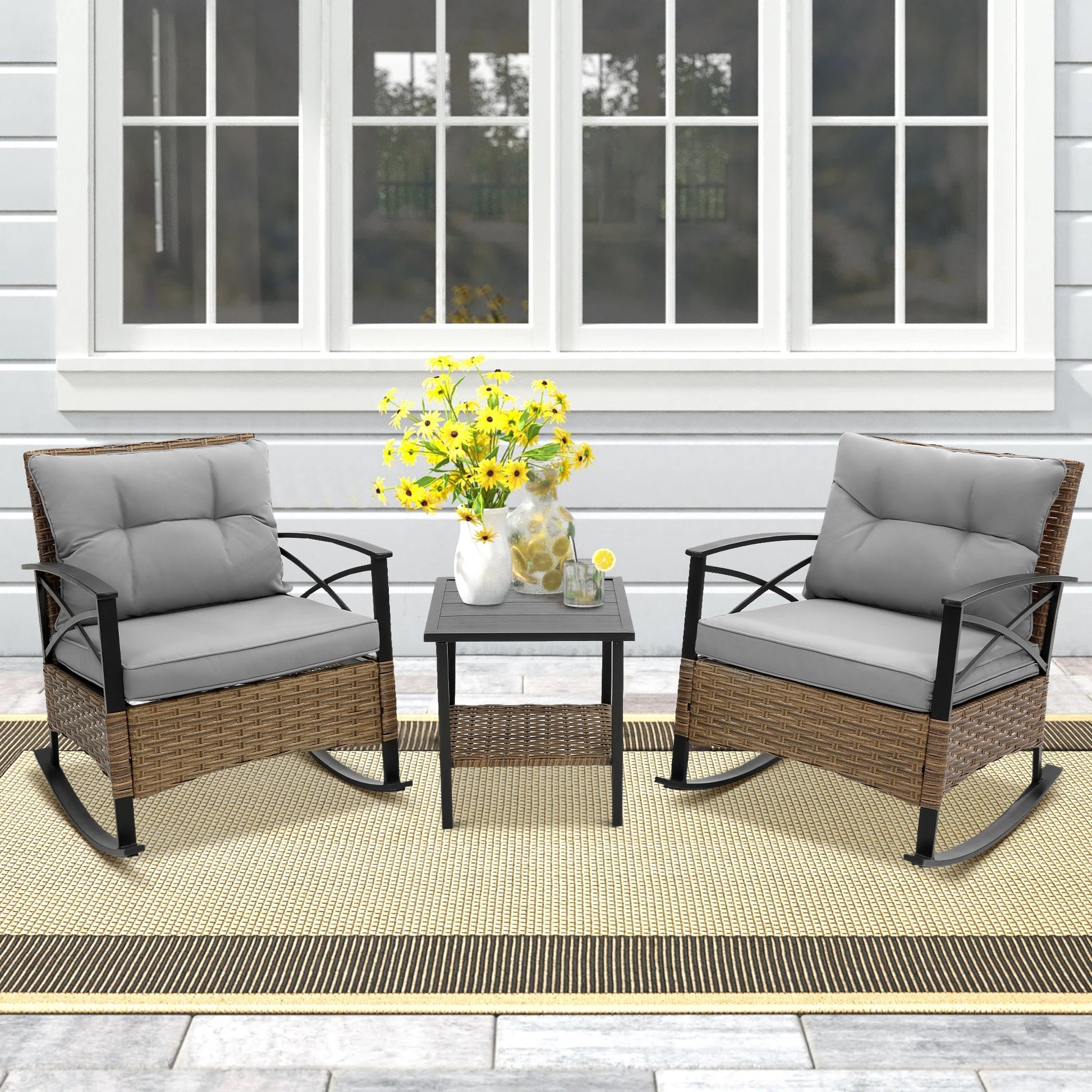Forclover 3 -Piece Rattan Patio Conversation Set with Gray Cushions