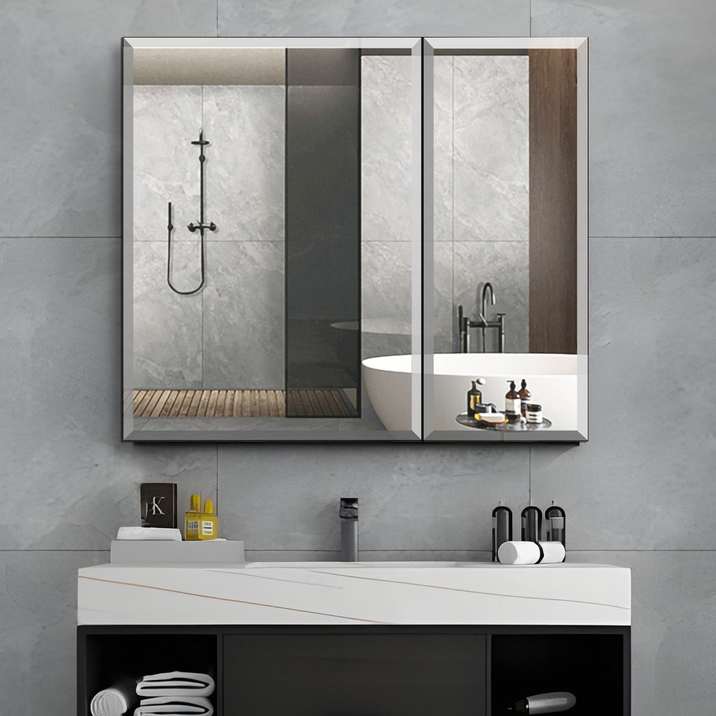 Forclover KF 30-in x 26-in Surface/Recessed Mount Satin Mirrored Rectangle Soft Close Medicine Cabinet