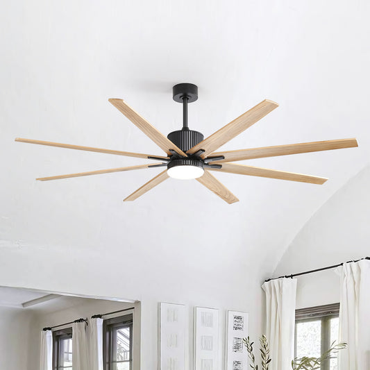 Sofucor 76K001SMTY 76 Color-Changing Integrated LED Outdoor Black with Brown Blades Ceiling Fan With Light - Remote Included ( 8 -Blade )