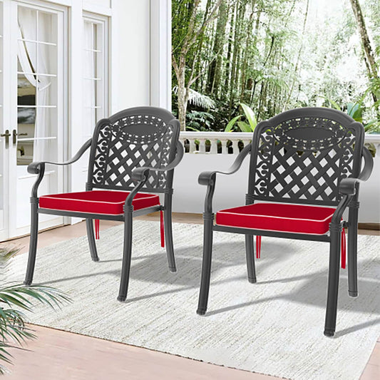 GZMR Cast Aluminum Patio Dining Chair 2PCS Set of 2 Black Aluminum Frame Stationary Dining Chair with Black Cushioned Seat