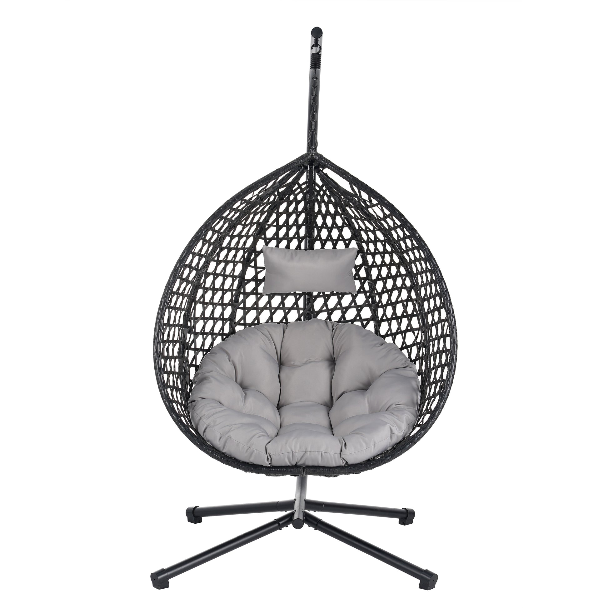 AHIOU HOME Hartford Wicker Black Metal Frame Hanging Egg Chair with Gray Cushioned Seat