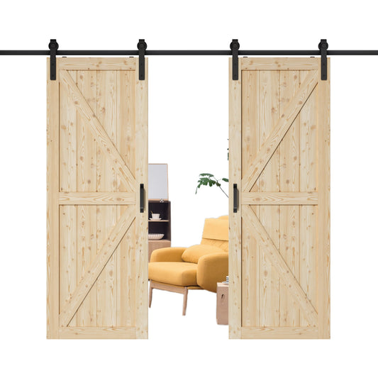JUJUBON 60-in x 84-in natural Unfinished K-frame Pine Wood Solid core Double Barn Door (Hardware Included)