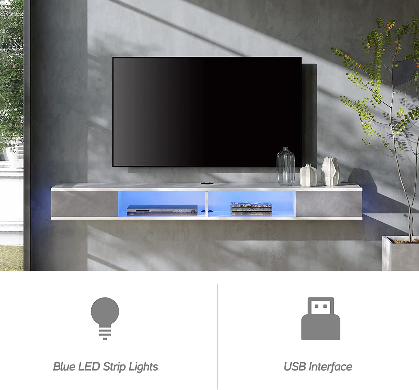 70 inch Floating TV Stand for Wall Mounted with Blue Lights, Floating Entertainment Center TV Cabinet for Living Room,Grey&White