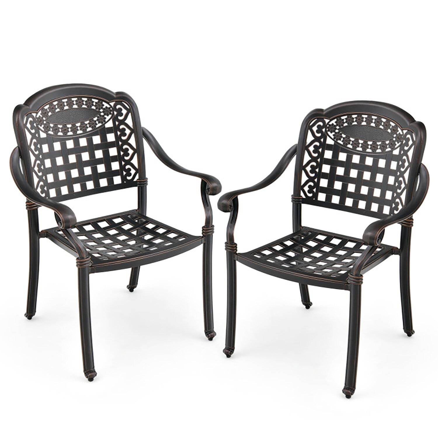 GZMR Cast Aluminum Patio Dining Chair 2PCS Set of 2 Stackable Black Aluminum Frame Stationary Dining Chair with Black Solid Seat