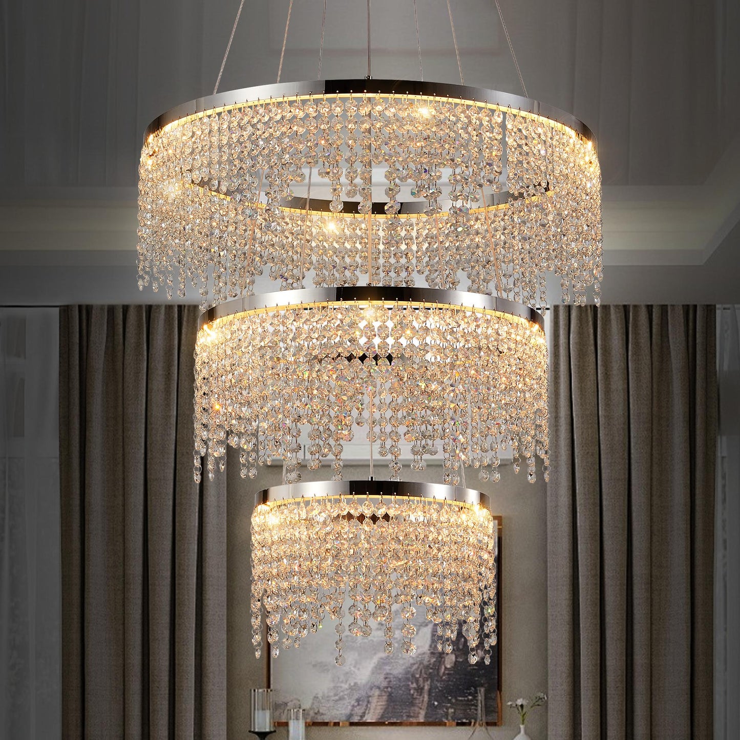 Bayfeve Luxury 3-Tier Round Crystal Chandelier 3 -Light Gloss Chrome Glam Integrated LED Crystal For Use in Bedrooms, Dining Rooms, Foyers, Kitchens, Living Rooms Chandelier
