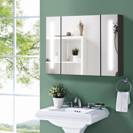 Bayfeve LED Bathroom Mirror Cabinet 35.5-in x 25.5-in Lighted LED Surface Mount Black Mirrored Rectangle Soft Close Medicine Cabinet