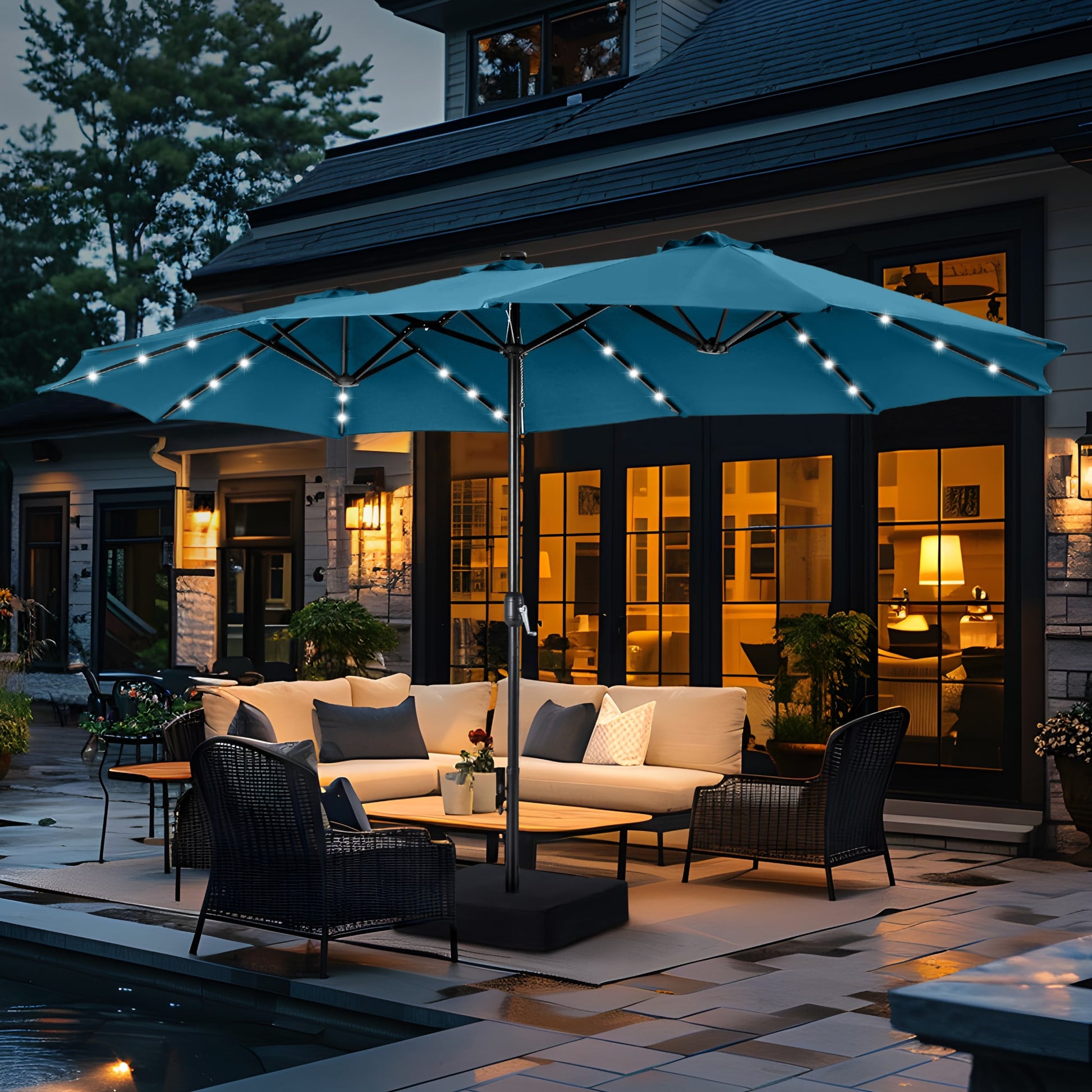 Sunshine Valley 15-ft Steel Blue No-tilt Market Patio Umbrella with Lights with Base