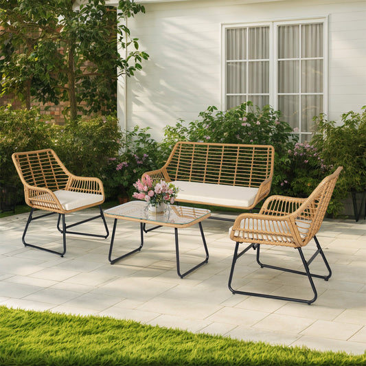 Grearden 4 -Piece Wicker Patio Conversation Set with Off-white Cushions
