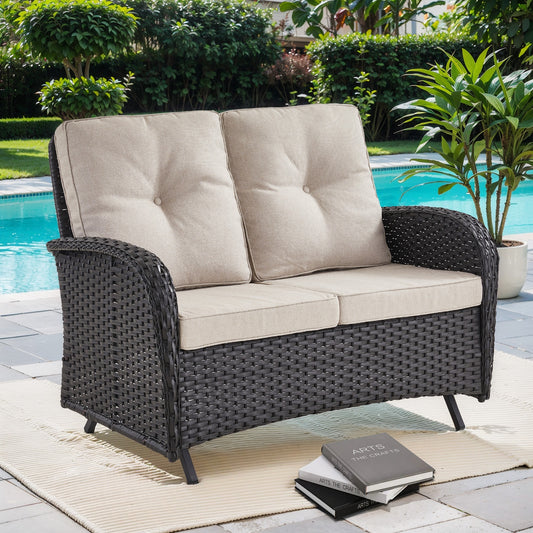  PAnorama Series Wicker Outdoor Loveseat with Beige Cushions and Steel Frame